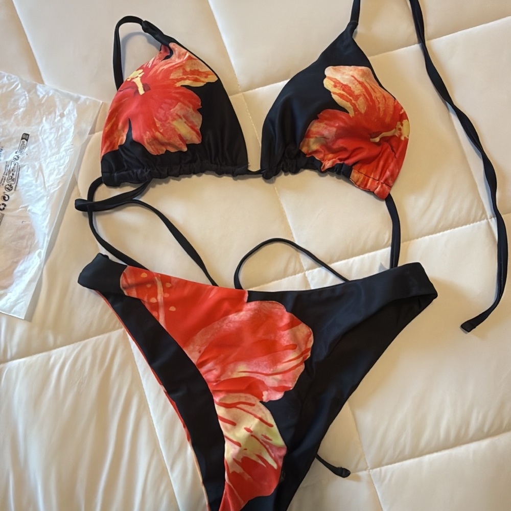 Floral Black and Red Bikini Set